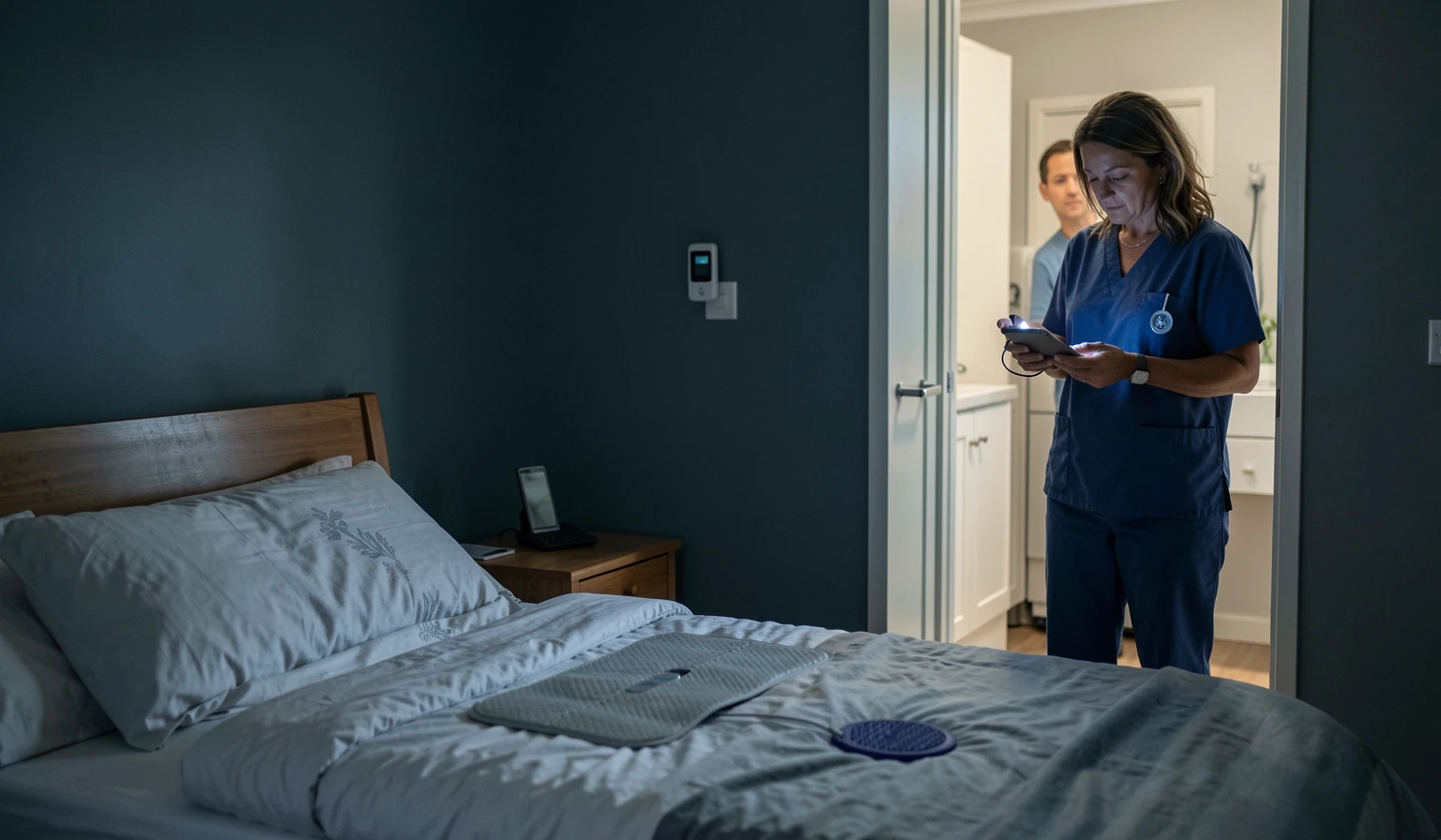 Carer checking a handheld device at the door of an aged care bedroom