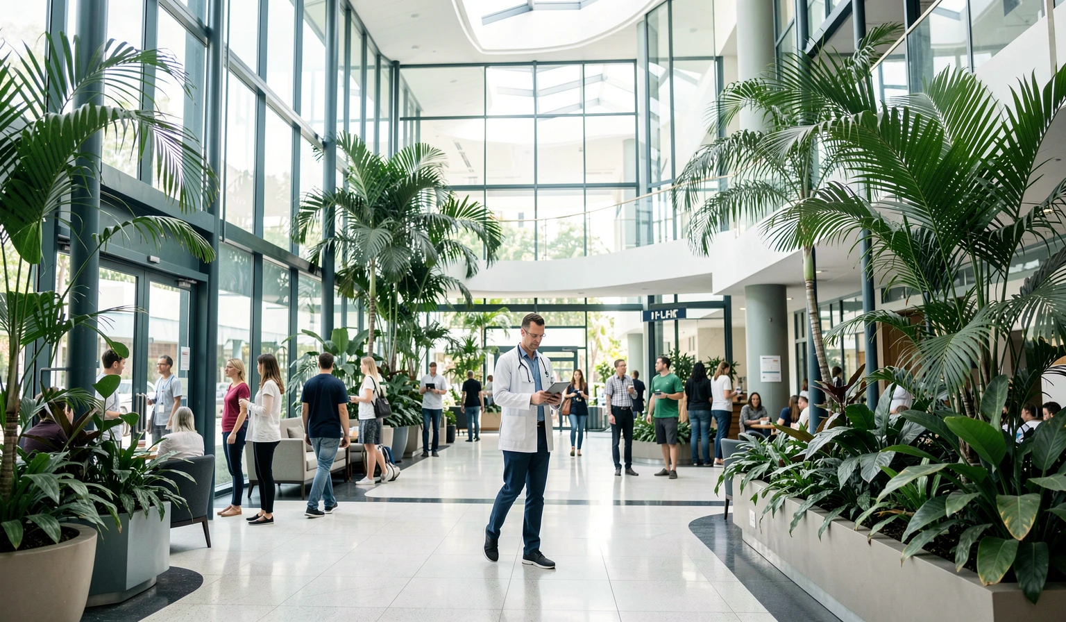Clinician crossing the atrium of a modern hospital in Singapore