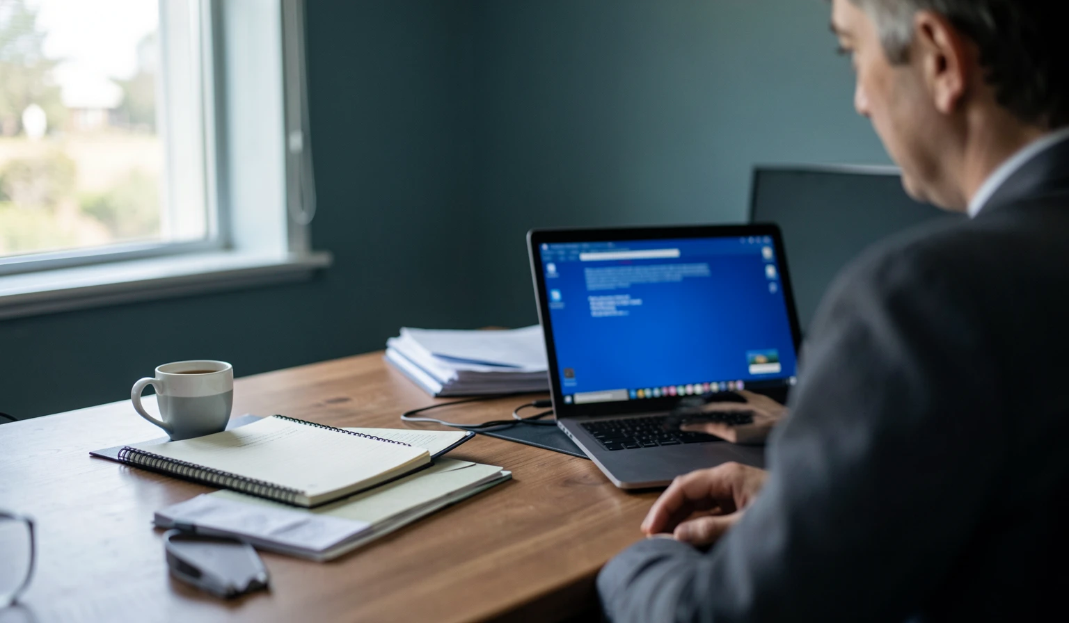 Laptop, notebook and coffee on a journalist's desk