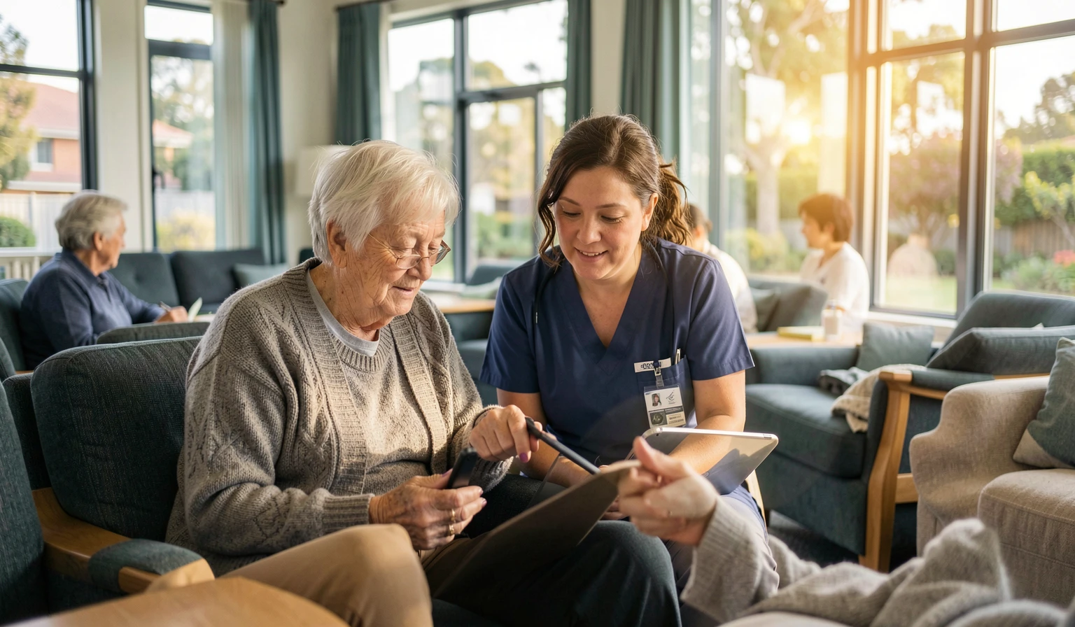 Care worker and an older resident looking at a tablet in an aged care lounge