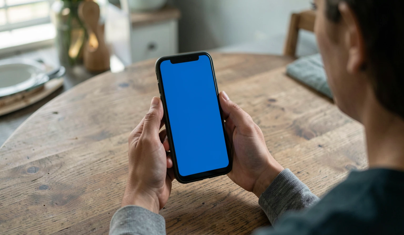 Person holding a smartphone at a kitchen table