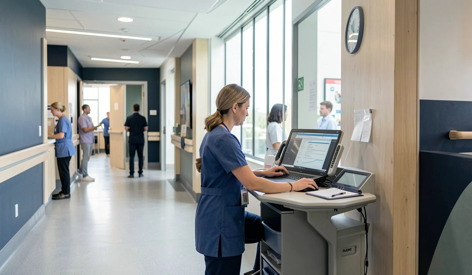 Nurse entering notes at a mobile computer workstation in a new hospital ward