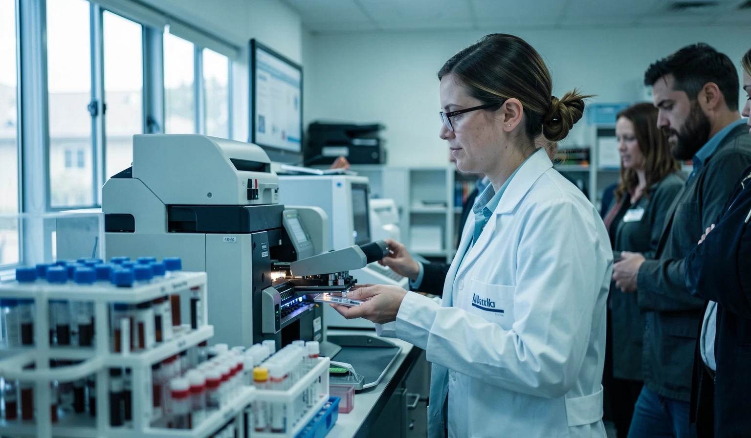 Scientist working at a sequencing instrument in a genomics laboratory
