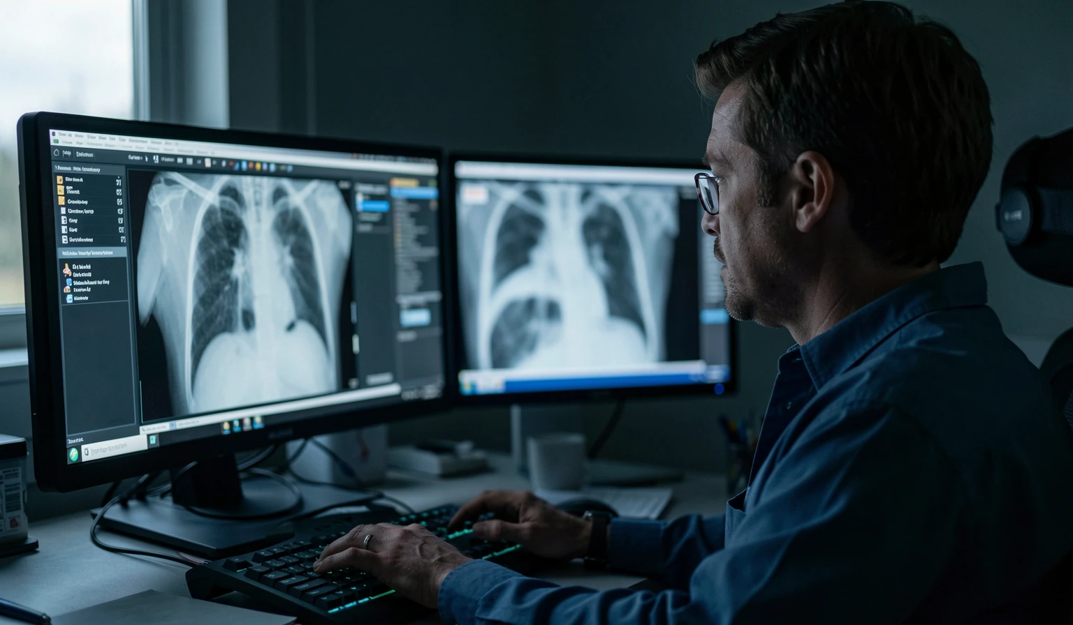 Radiologist reading scans on diagnostic monitors in a darkened room