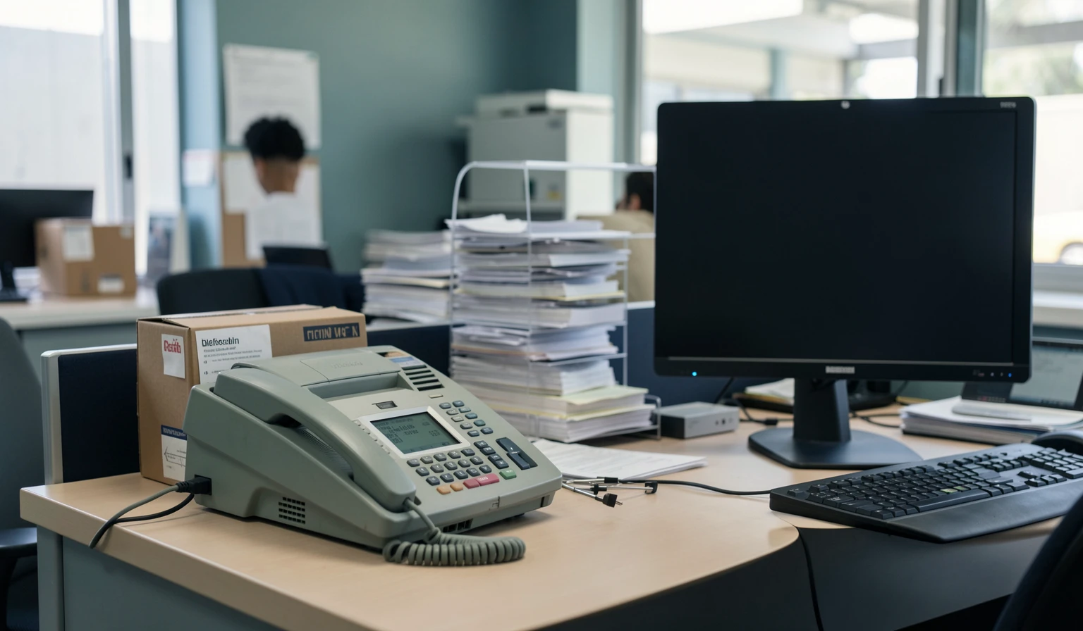 Fax machine beside a monitor and stacked paper referrals in a hospital office
