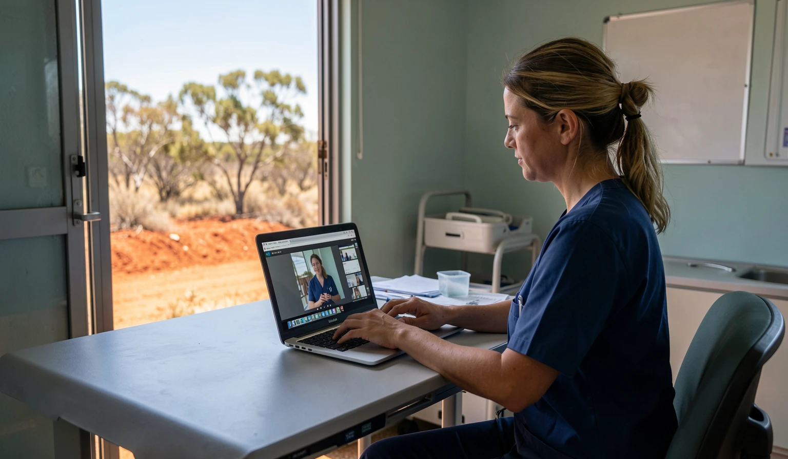 Nurse running a video consultation from a remote outback clinic